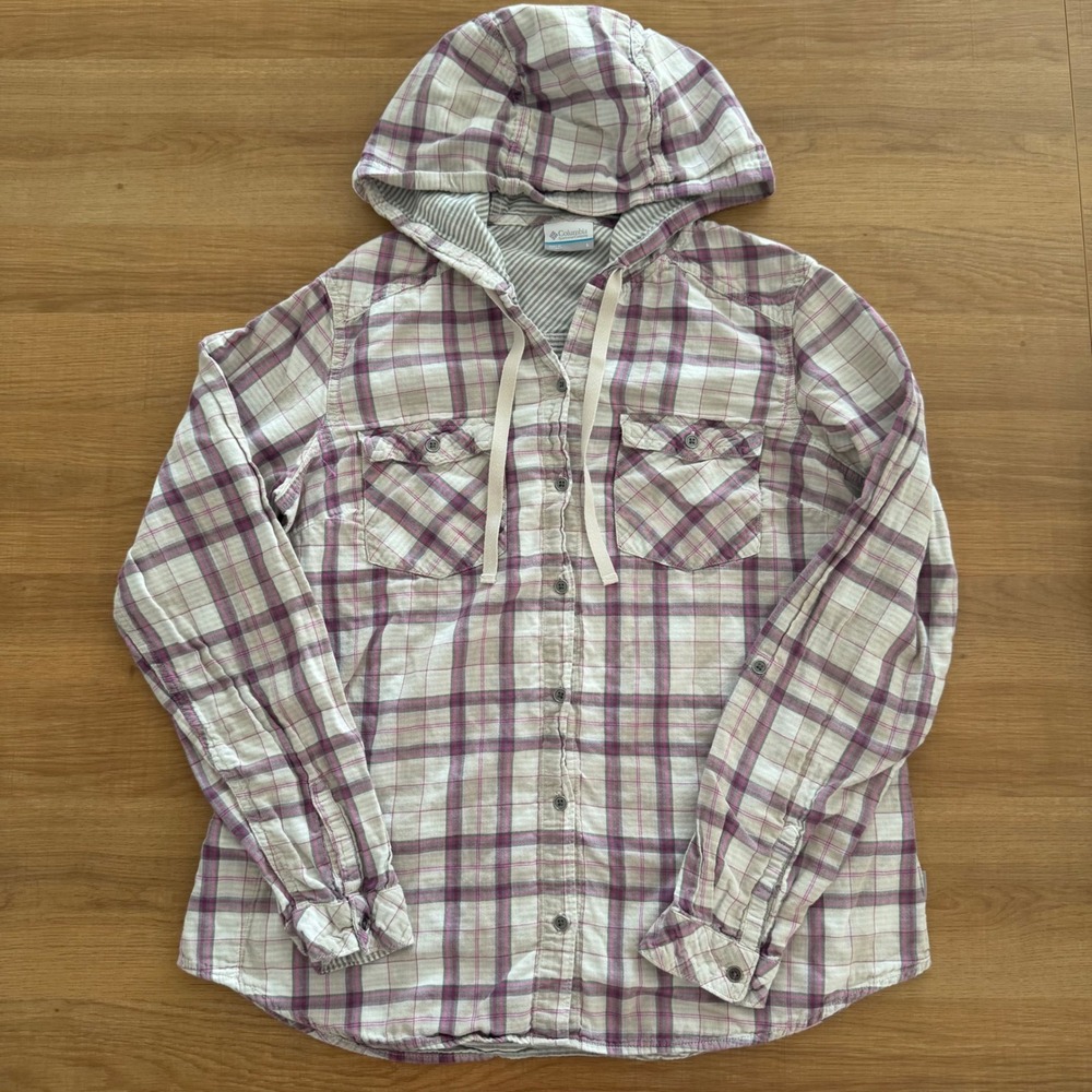 Columbia Womens Large Purple Plaid Cotton Button Down Hooded Shirt Jacket L